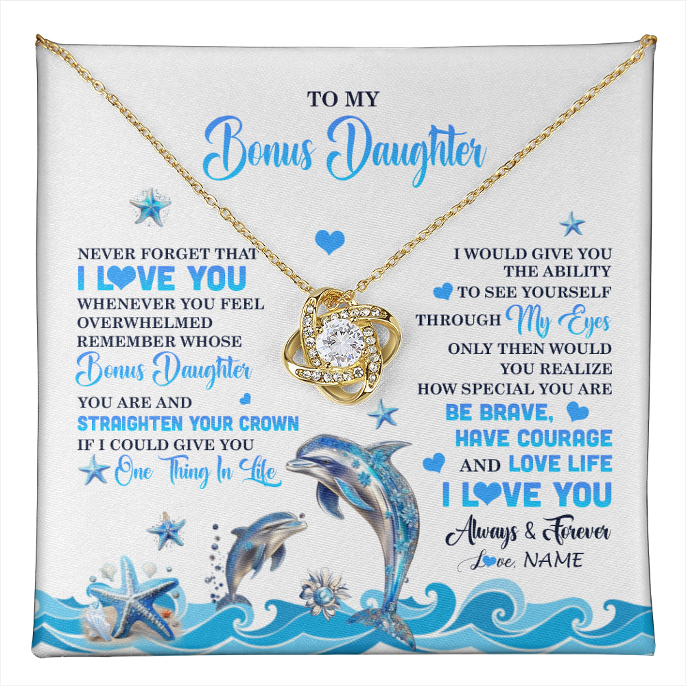 Love Knot Necklace 18K Yellow Gold Finish | 1 | Personalized To My Bonus Daughter Necklace From Stepdmom Dophin Never Forget I Love You Stepddaughter Birthday Gifts Christmas Customized Gift Box Message Card | teecentury
