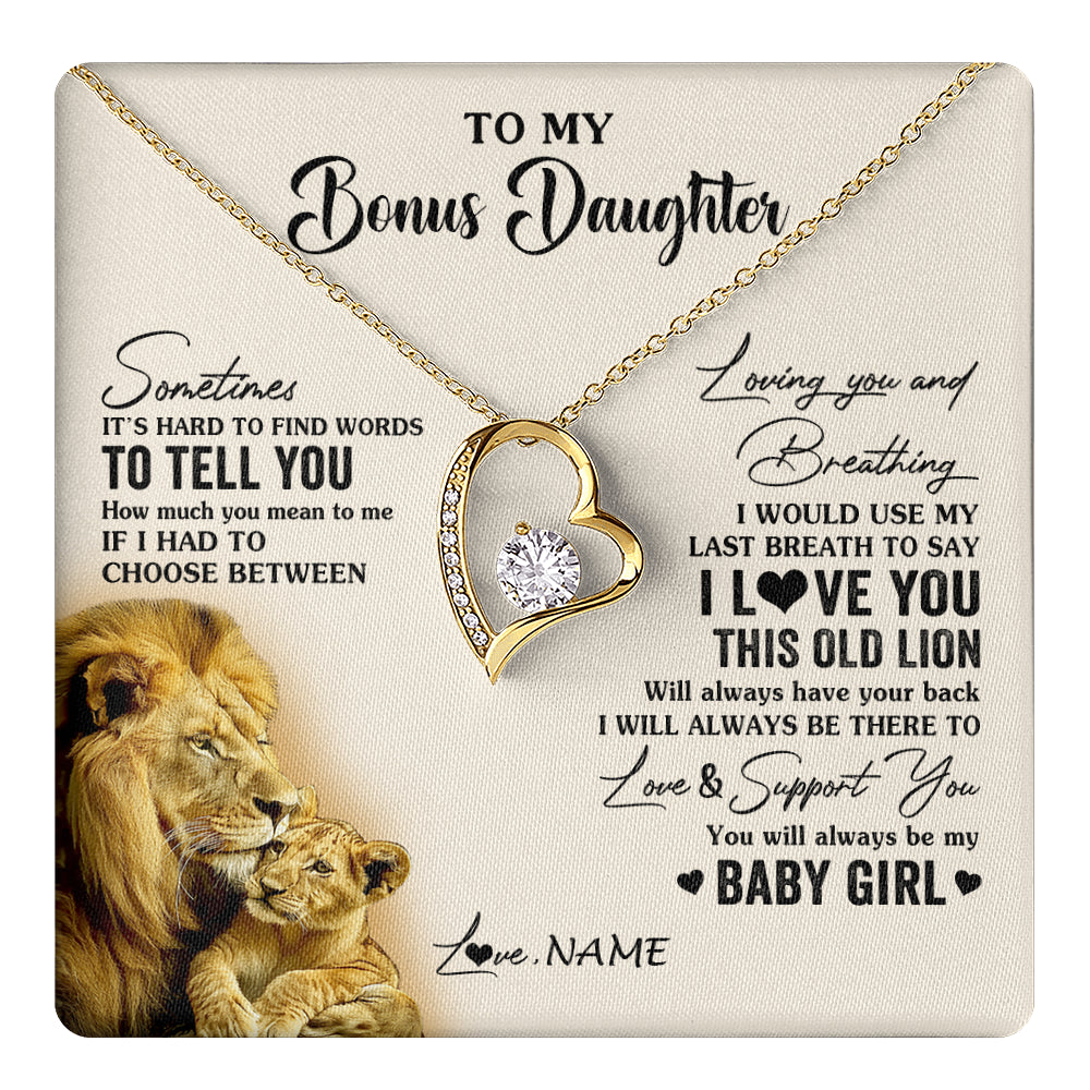 Forever Love Necklace 18K Yellow Gold Finish | 1 | Personalized To My Bonus Daughter Necklace From Stepfather I Love You This Old Lion Stepdaughter Birthday Christmas Customized Gift Box Message Card | teecentury
