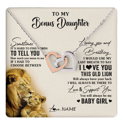 Interlocking Hearts Necklace Stainless Steel & Rose Gold Finish | 1 | Personalized To My Bonus Daughter Necklace From Stepfather I Love You This Old Lion Stepdaughter Birthday Christmas Customized Gift Box Message Card | teecentury