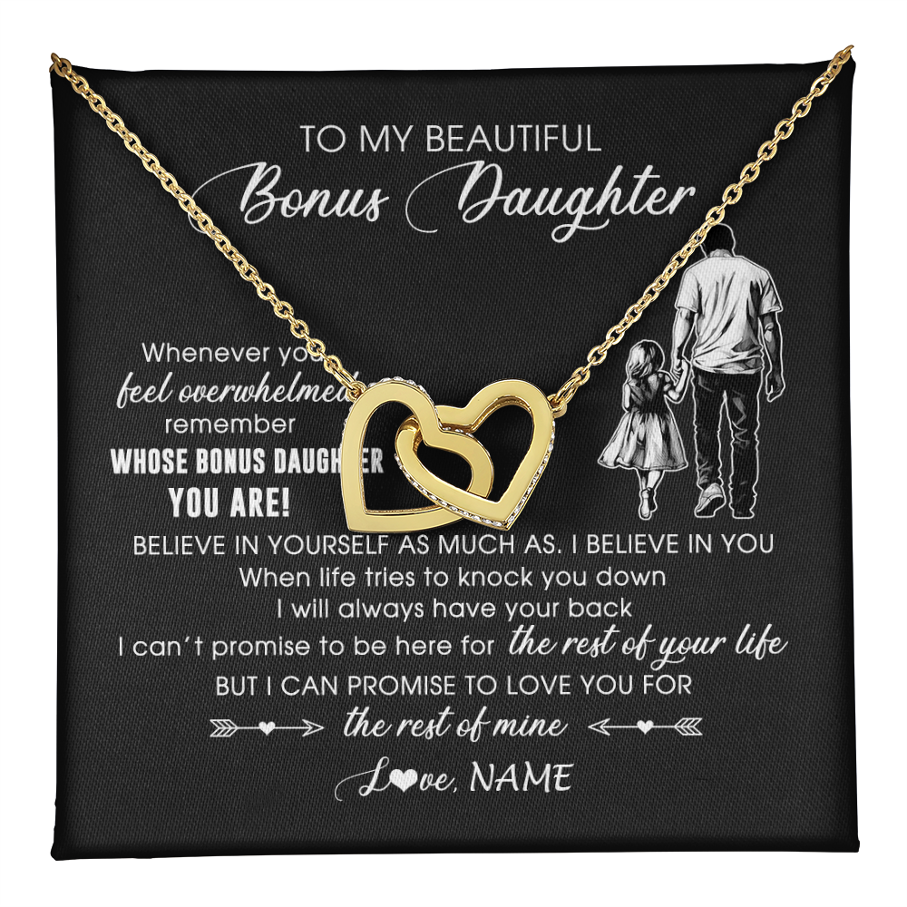 Interlocking Hearts Necklace 18K Yellow Gold Finish | 1 | Personalized To My Bonus Daughter Necklace From Stepfather Whenever You Feel Overwhelmed Stepdaughter Jewelry Birthday Christmas Customized Message Card | teecentury