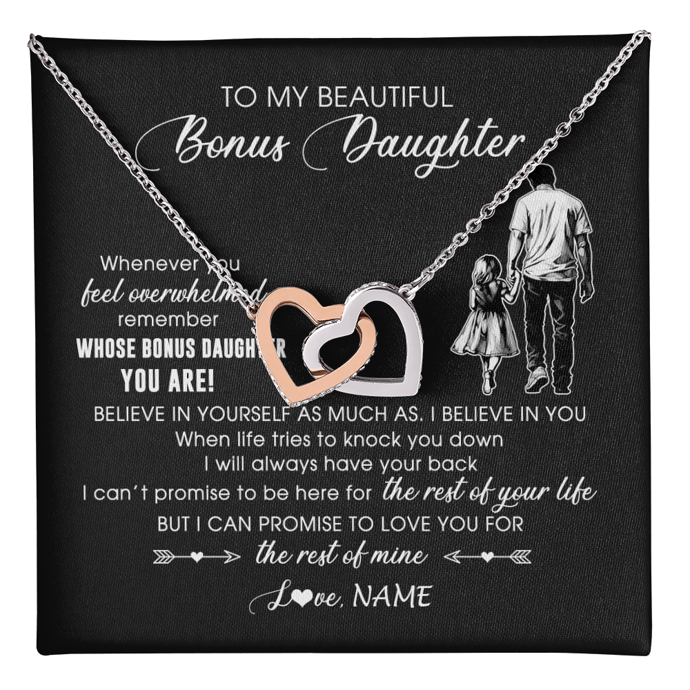 Interlocking Hearts Necklace Stainless Steel & Rose Gold Finish | 1 | Personalized To My Bonus Daughter Necklace From Stepfather Whenever You Feel Overwhelmed Stepdaughter Jewelry Birthday Christmas Customized Message Card | teecentury