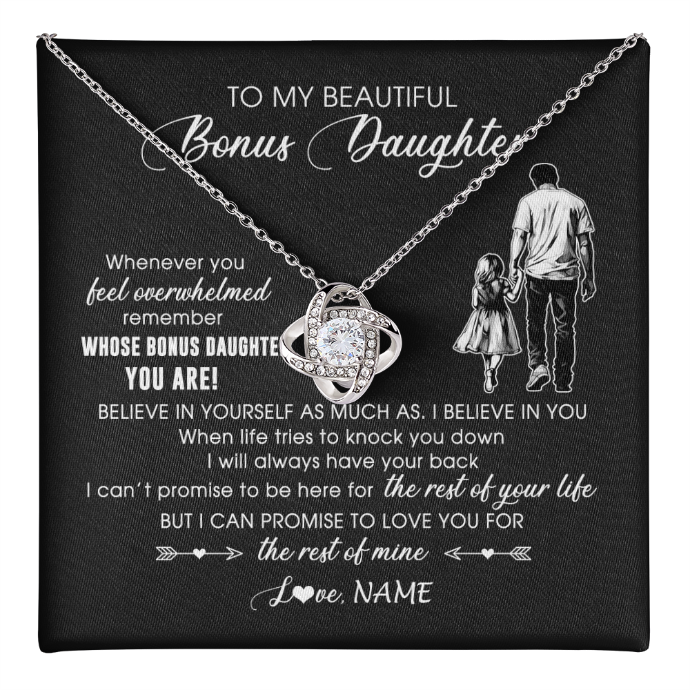 Love Knot Necklace 14K White Gold Finish | 1 | Personalized To My Bonus Daughter Necklace From Stepfather Whenever You Feel Overwhelmed Stepdaughter Jewelry Birthday Christmas Customized Message Card | teecentury