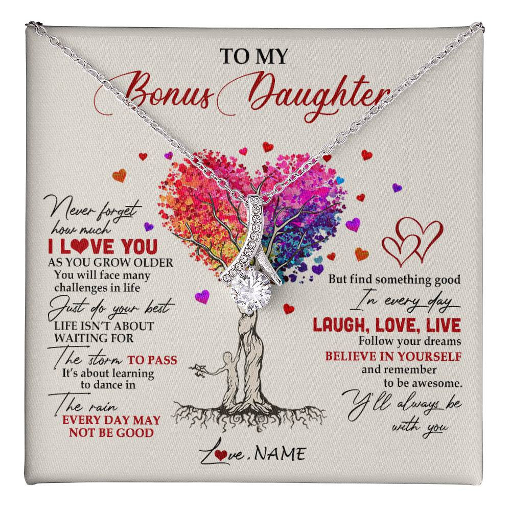 Alluring Beauty Necklace 14K White Gold Finish | 1 | Personalized To My Bonus Daughter Necklace From Stepmom Colorful Tree Never Forget I Love You Stepdaughter Birthday Christmas Customized Gift Box Message Card | teecentury