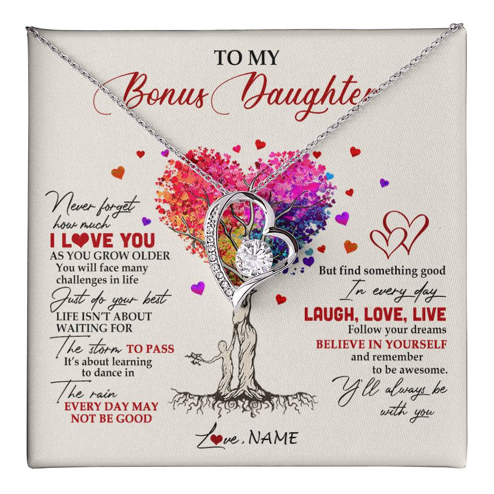 Forever Love Necklace 14K White Gold Finish | 1 | Personalized To My Bonus Daughter Necklace From Stepmom Colorful Tree Never Forget I Love You Stepdaughter Birthday Christmas Customized Gift Box Message Card | teecentury