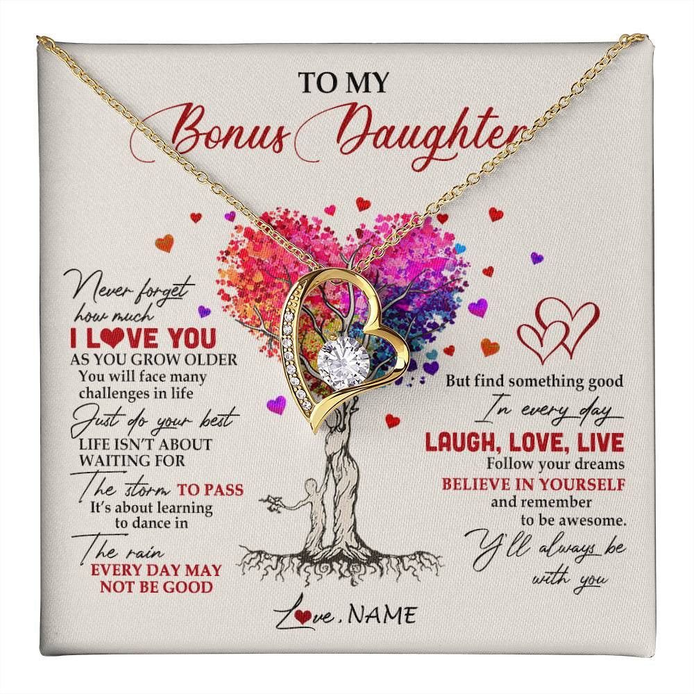 Forever Love Necklace 18K Yellow Gold Finish | 1 | Personalized To My Bonus Daughter Necklace From Stepmom Colorful Tree Never Forget I Love You Stepdaughter Birthday Christmas Customized Gift Box Message Card | teecentury