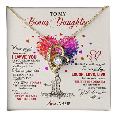 Forever Love Necklace 18K Yellow Gold Finish | 1 | Personalized To My Bonus Daughter Necklace From Stepmom Colorful Tree Never Forget I Love You Stepdaughter Birthday Christmas Customized Gift Box Message Card | teecentury