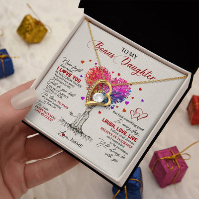 Forever Love Necklace 18K Yellow Gold Finish | 2 | Personalized To My Bonus Daughter Necklace From Stepmom Colorful Tree Never Forget I Love You Stepdaughter Birthday Christmas Customized Gift Box Message Card | teecentury