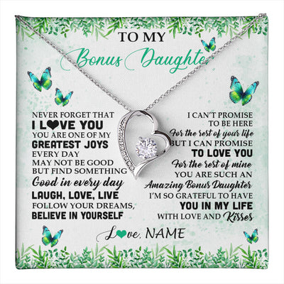 Forever Love Necklace 14K White Gold Finish | 1 | Personalized To My Bonus Daughter Necklace From Stepmom Dad Butterfly Laugh Love Live Birthday Motivational Quote Christmas Customized Gift Box Message Card | teecentury