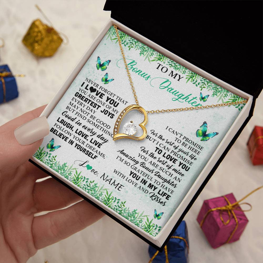 Forever Love Necklace 18K Yellow Gold Finish | 2 | Personalized To My Bonus Daughter Necklace From Stepmom Dad Butterfly Laugh Love Live Birthday Motivational Quote Christmas Customized Gift Box Message Card | teecentury