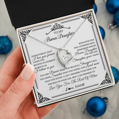 Forever Love Necklace 14K White Gold Finish | 2 | Personalized To My Bonus Daughter Necklace From Stepmom Dad I Love You Forever Stepddaughter Birthday Valentines Day Christmas Customized Gift Box Message Card | teecentury