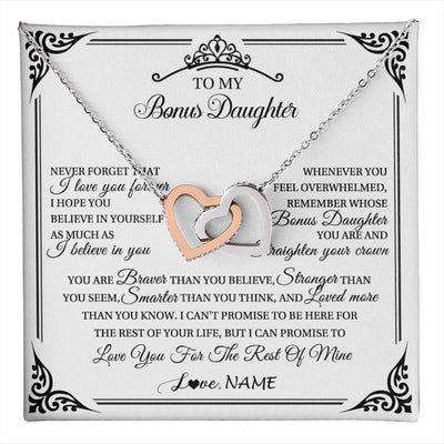 Interlocking Hearts Necklace Stainless Steel & Rose Gold Finish | 1 | Personalized To My Bonus Daughter Necklace From Stepmom Dad I Love You Forever Stepddaughter Birthday Valentines Day Christmas Customized Gift Box Message Card | teecentury