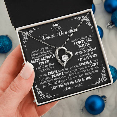 Forever Love Necklace 14K White Gold Finish | 2 | Personalized To My Bonus Daughter Necklace From Stepmom Dad Inspirational Strength Bonus Daughter Birthday Gifts Christmas Customized Gift Box Message Card | teecentury