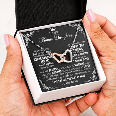 Interlocking Hearts Necklace Stainless Steel & Rose Gold Finish | 2 | Personalized To My Bonus Daughter Necklace From Stepmom Dad Inspirational Strength Bonus Daughter Birthday Gifts Christmas Customized Gift Box Message Card | teecentury