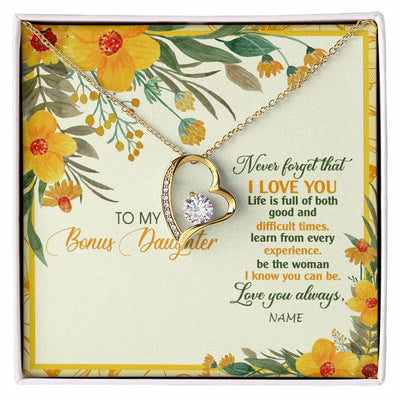 Forever Love Necklace 18K Yellow Gold Finish | Personalized To My Bonus Daughter Necklace From Stepmom Flower Never Forget That I Love You Stepdaughter Birthday Christmas Customized Gift Box Message Card | teecentury