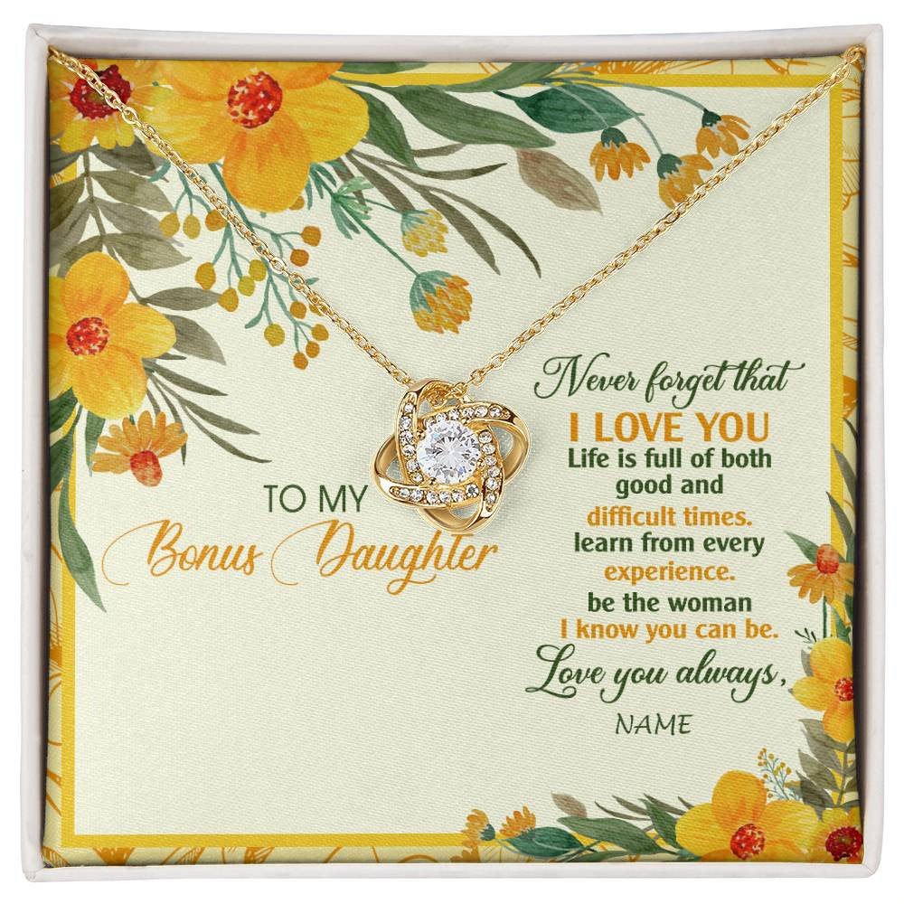 Love Knot Necklace 18K Yellow Gold Finish | Personalized To My Bonus Daughter Necklace From Stepmom Flower Never Forget That I Love You Stepdaughter Birthday Christmas Customized Gift Box Message Card | teecentury