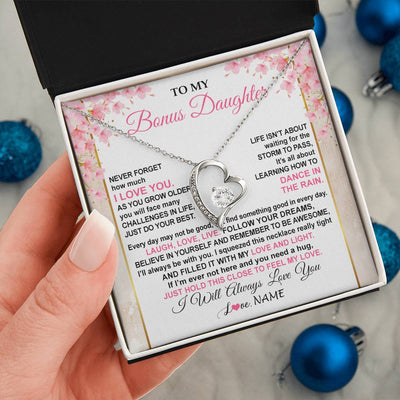 Forever Love Necklace 14K White Gold Finish | 2 | Personalized To My Bonus Daughter Necklace From Stepmom Inspirational I Love You Stepddaughter Birthday Graduation Christmas Customized Gift Box Message Card | teecentury