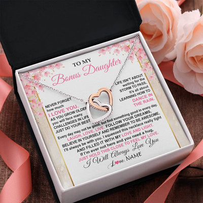 Interlocking Hearts Necklace Stainless Steel & Rose Gold Finish | 2 | Personalized To My Bonus Daughter Necklace From Stepmom Inspirational I Love You Stepddaughter Birthday Graduation Christmas Customized Gift Box Message Card | teecentury