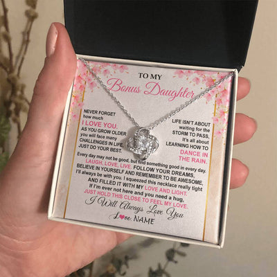 Love Knot Necklace 14K White Gold Finish | 2 | Personalized To My Bonus Daughter Necklace From Stepmom Inspirational I Love You Stepddaughter Birthday Graduation Christmas Customized Gift Box Message Card | teecentury