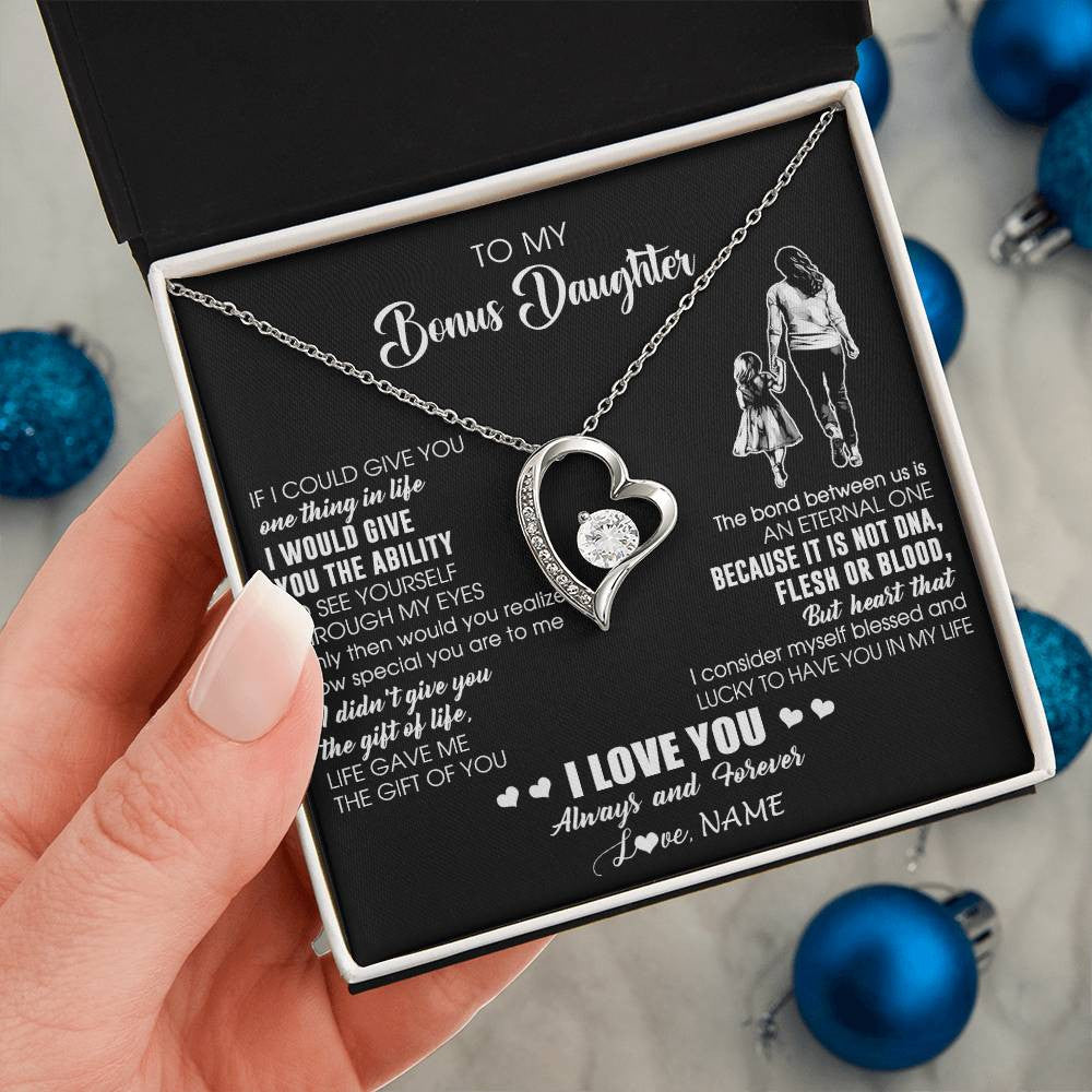 Forever Love Necklace 14K White Gold Finish | 2 | Personalized To My Bonus Daughter Necklace From Stepmom It Is Not DNA I Love You Birthday Gifts Meaningful Christmas Customized Gift Box Message Card | teecentury
