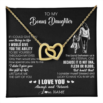Interlocking Hearts Necklace 18K Yellow Gold Finish | 1 | Personalized To My Bonus Daughter Necklace From Stepmom It Is Not DNA I Love You Birthday Gifts Meaningful Christmas Customized Gift Box Message Card | teecentury