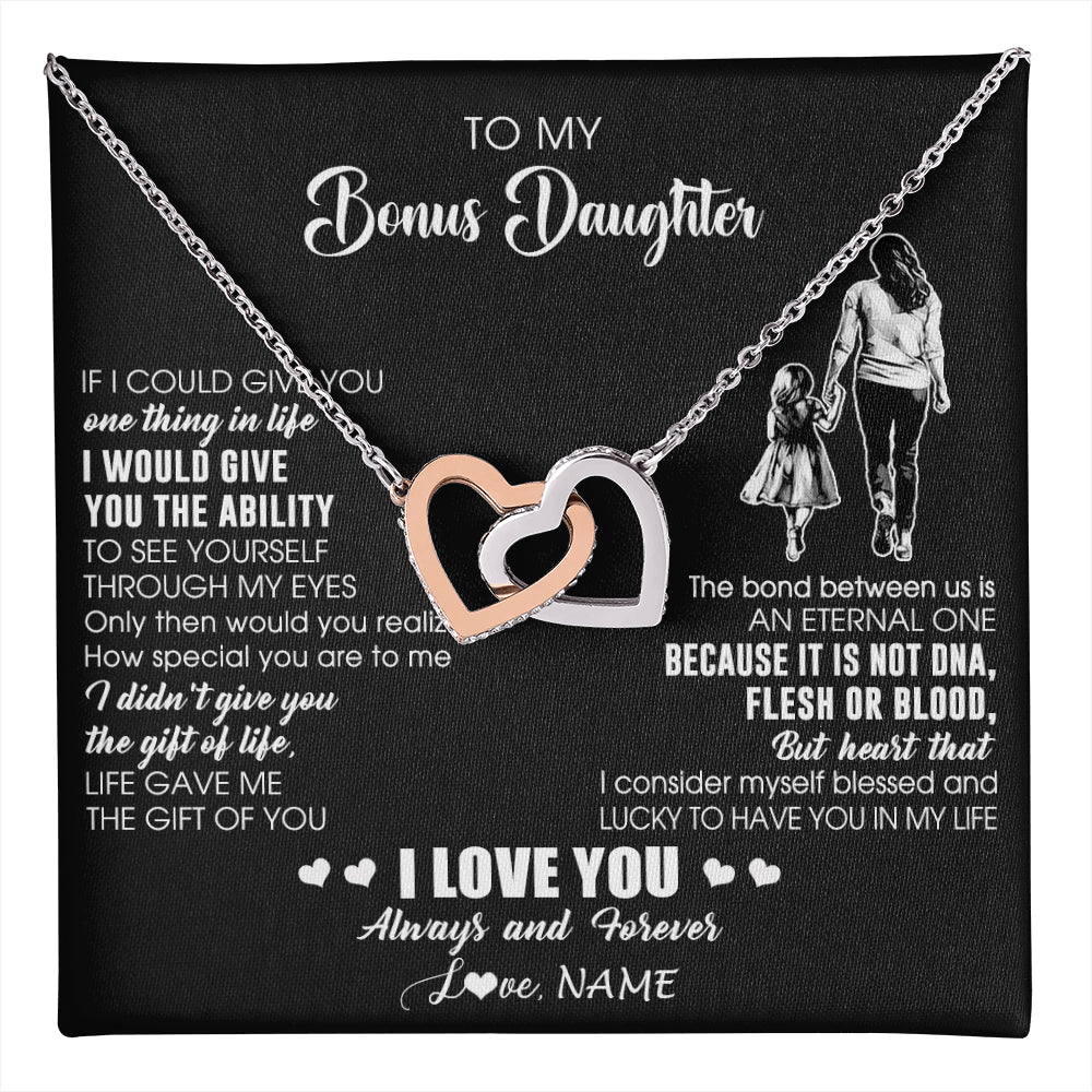 Interlocking Hearts Necklace Stainless Steel & Rose Gold Finish | 1 | Personalized To My Bonus Daughter Necklace From Stepmom It Is Not DNA I Love You Birthday Gifts Meaningful Christmas Customized Gift Box Message Card | teecentury
