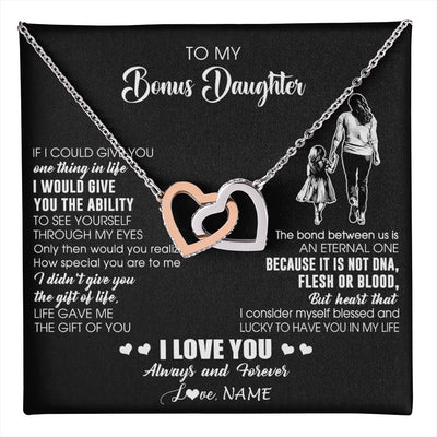 Interlocking Hearts Necklace Stainless Steel & Rose Gold Finish | 1 | Personalized To My Bonus Daughter Necklace From Stepmom It Is Not DNA I Love You Birthday Gifts Meaningful Christmas Customized Gift Box Message Card | teecentury