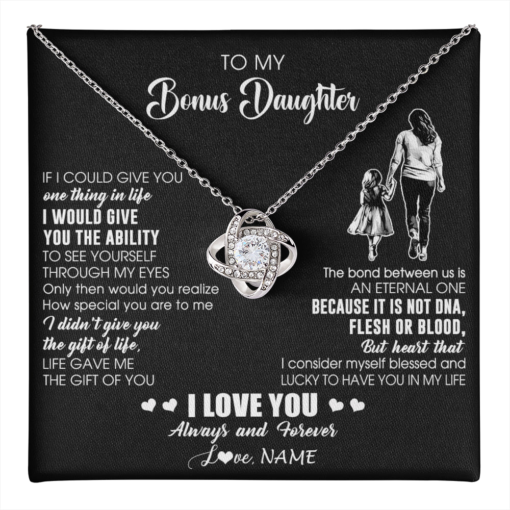 Love Knot Necklace 14K White Gold Finish | 1 | Personalized To My Bonus Daughter Necklace From Stepmom It Is Not DNA I Love You Birthday Gifts Meaningful Christmas Customized Gift Box Message Card | teecentury