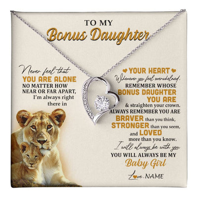 Forever Love Necklace 14K White Gold Finish | 1 | Personalized To My Bonus Daughter Necklace From Stepmom Lion Never Feel You Are Alone Great Stepdaughter Birthday Christmas Customized Gift Box Message Card | teecentury