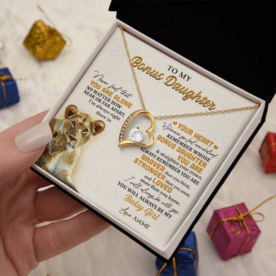 Forever Love Necklace 18K Yellow Gold Finish | 2 | Personalized To My Bonus Daughter Necklace From Stepmom Lion Never Feel You Are Alone Great Stepdaughter Birthday Christmas Customized Gift Box Message Card | teecentury