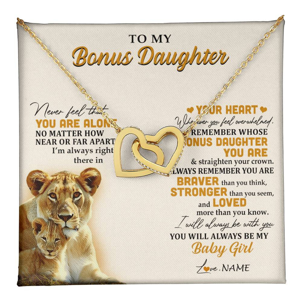 Interlocking Hearts Necklace 18K Yellow Gold Finish | 1 | Personalized To My Bonus Daughter Necklace From Stepmom Lion Never Feel You Are Alone Great Stepdaughter Birthday Christmas Customized Gift Box Message Card | teecentury