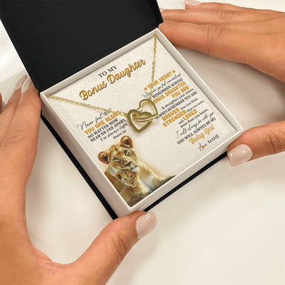 Interlocking Hearts Necklace 18K Yellow Gold Finish | 2 | Personalized To My Bonus Daughter Necklace From Stepmom Lion Never Feel You Are Alone Great Stepdaughter Birthday Christmas Customized Gift Box Message Card | teecentury