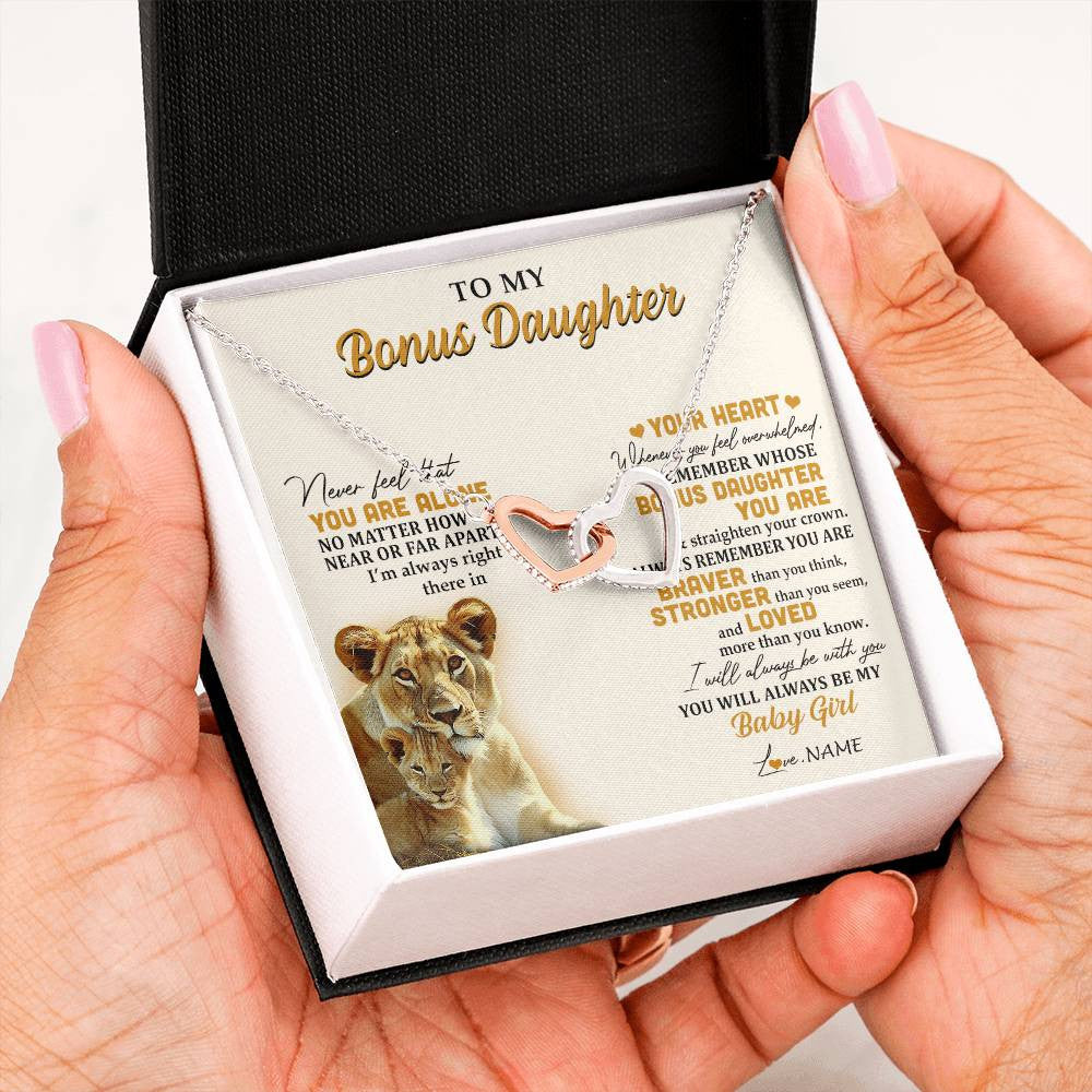 Interlocking Hearts Necklace Stainless Steel & Rose Gold Finish | 2 | Personalized To My Bonus Daughter Necklace From Stepmom Lion Never Feel You Are Alone Great Stepdaughter Birthday Christmas Customized Gift Box Message Card | teecentury