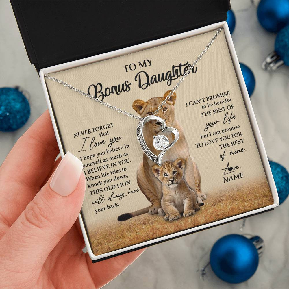 Forever Love Necklace 14K White Gold Finish | 2 | Personalized To My Bonus Daughter Necklace From Stepmom Lion Never Forget That I Love You Stepdaughter Jewelry Birthday Christmas Customized Message Card | teecentury
