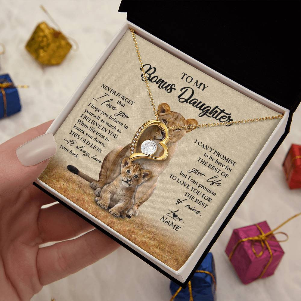 Forever Love Necklace 18K Yellow Gold Finish | 2 | Personalized To My Bonus Daughter Necklace From Stepmom Lion Never Forget That I Love You Stepdaughter Jewelry Birthday Christmas Customized Message Card | teecentury