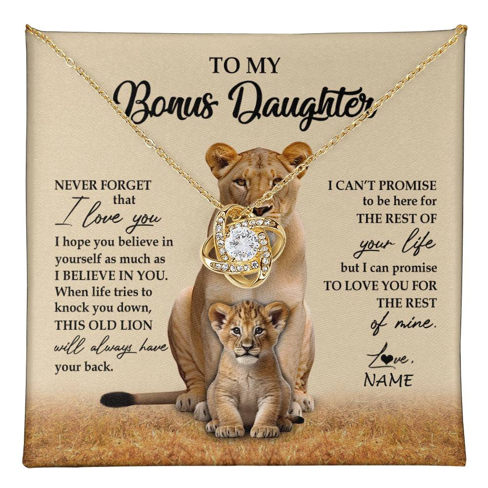 Love Knot Necklace 18K Yellow Gold Finish | 1 | Personalized To My Bonus Daughter Necklace From Stepmom Lion Never Forget That I Love You Stepdaughter Jewelry Birthday Christmas Customized Message Card | teecentury