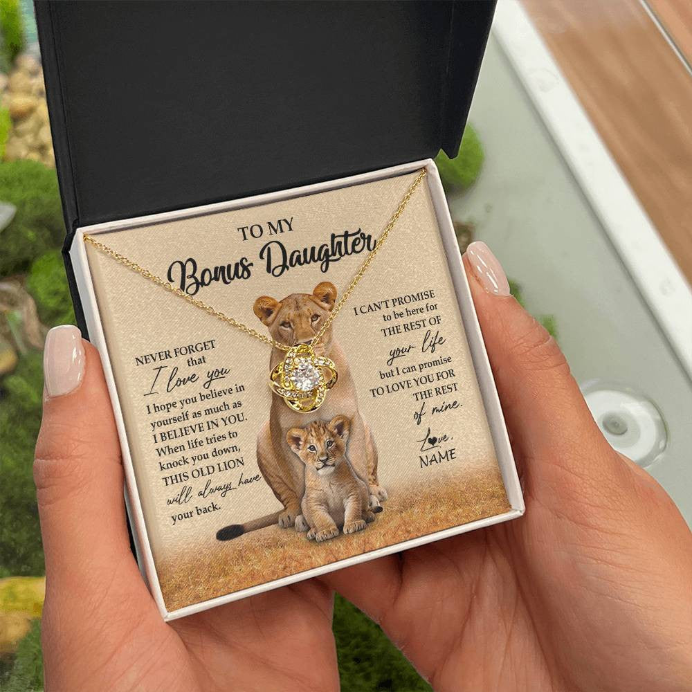 Love Knot Necklace 18K Yellow Gold Finish | 2 | Personalized To My Bonus Daughter Necklace From Stepmom Lion Never Forget That I Love You Stepdaughter Jewelry Birthday Christmas Customized Message Card | teecentury