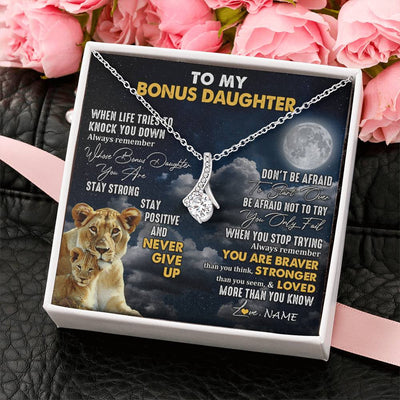 Alluring Beauty Necklace 14K White Gold Finish | 2 | Personalized To My Bonus Daughter Necklace From Stepmom Lion Never Give Up Stepdaughter Birthday Graduation Christmas Customized Gift Box Message Card | teecentury