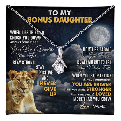 Alluring Beauty Necklace 14K White Gold Finish | 1 | Personalized To My Bonus Daughter Necklace From Stepmom Lion Never Give Up Stepdaughter Birthday Graduation Christmas Customized Gift Box Message Card | teecentury