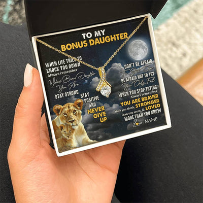 Alluring Beauty Necklace 18K Yellow Gold Finish | 2 | Personalized To My Bonus Daughter Necklace From Stepmom Lion Never Give Up Stepdaughter Birthday Graduation Christmas Customized Gift Box Message Card | teecentury