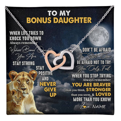 Interlocking Hearts Necklace Stainless Steel & Rose Gold Finish | 1 | Personalized To My Bonus Daughter Necklace From Stepmom Lion Never Give Up Stepdaughter Birthday Graduation Christmas Customized Gift Box Message Card | teecentury