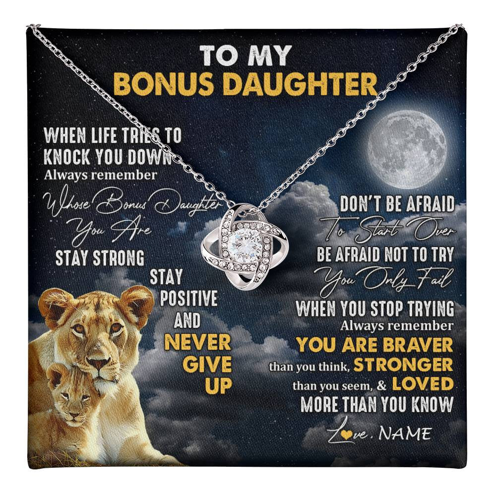 Love Knot Necklace 14K White Gold Finish | 1 | Personalized To My Bonus Daughter Necklace From Stepmom Lion Never Give Up Stepdaughter Birthday Graduation Christmas Customized Gift Box Message Card | teecentury