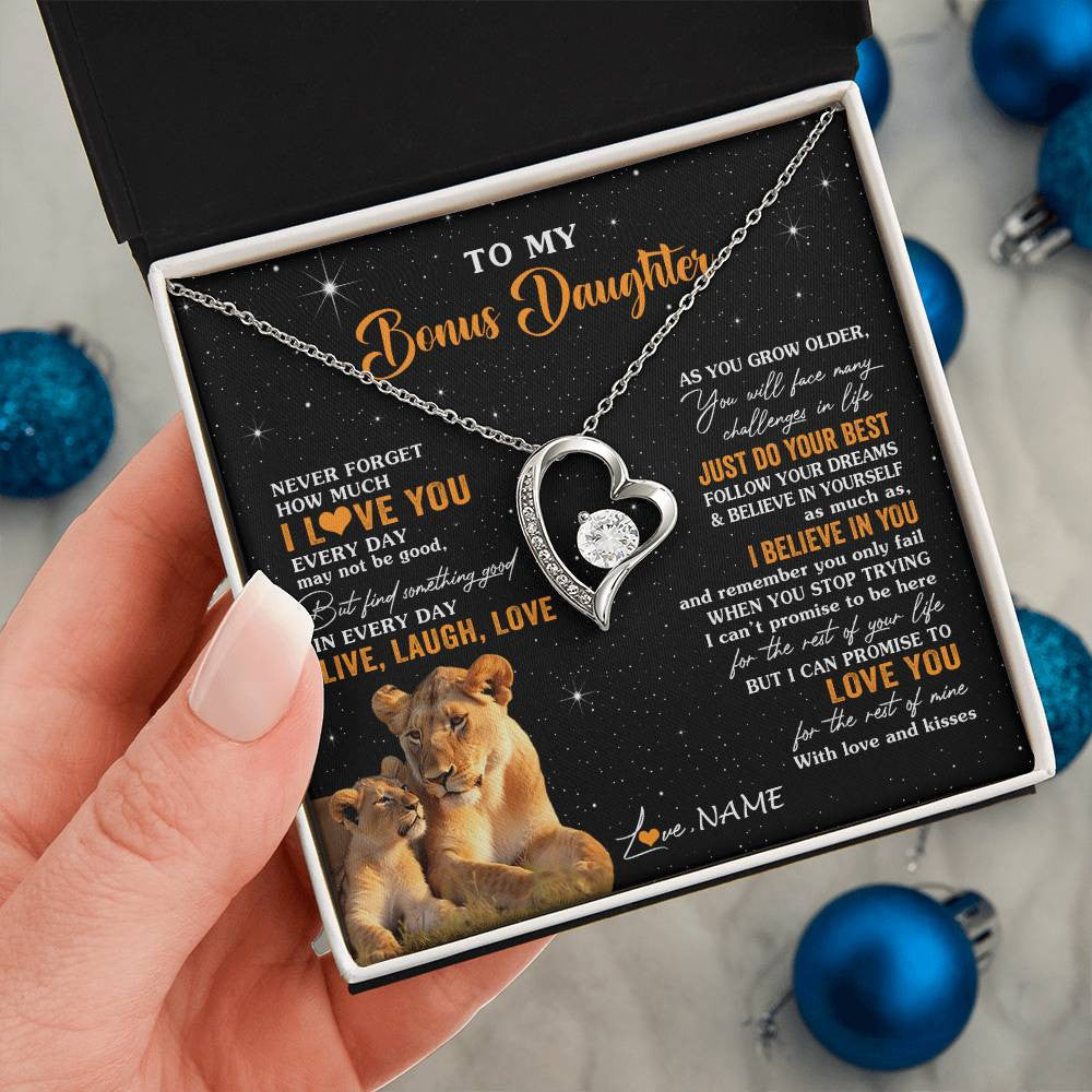 Forever Love Necklace 14K White Gold Finish | 2 | Personalized To My Bonus Daughter Necklace From Stepmom Live Laugh Love Lion Stepdaughter Birthday Gifts Positive Christmas Customized Gift Box Message Card | teecentury