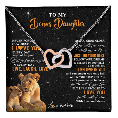 Interlocking Hearts Necklace Stainless Steel & Rose Gold Finish | 1 | Personalized To My Bonus Daughter Necklace From Stepmom Live Laugh Love Lion Stepdaughter Birthday Gifts Positive Christmas Customized Gift Box Message Card | teecentury