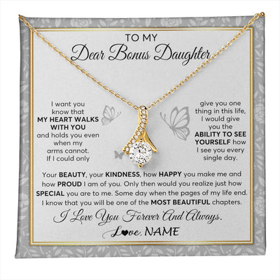 Alluring Beauty Necklace 18K Yellow Gold Finish | 1 | Personalized To My Bonus Daughter Necklace From Stepmom My Heart Walks With You Birthday Gifts Jewelry Graduation Christmas Customized Gift Box Message Card | teecentury