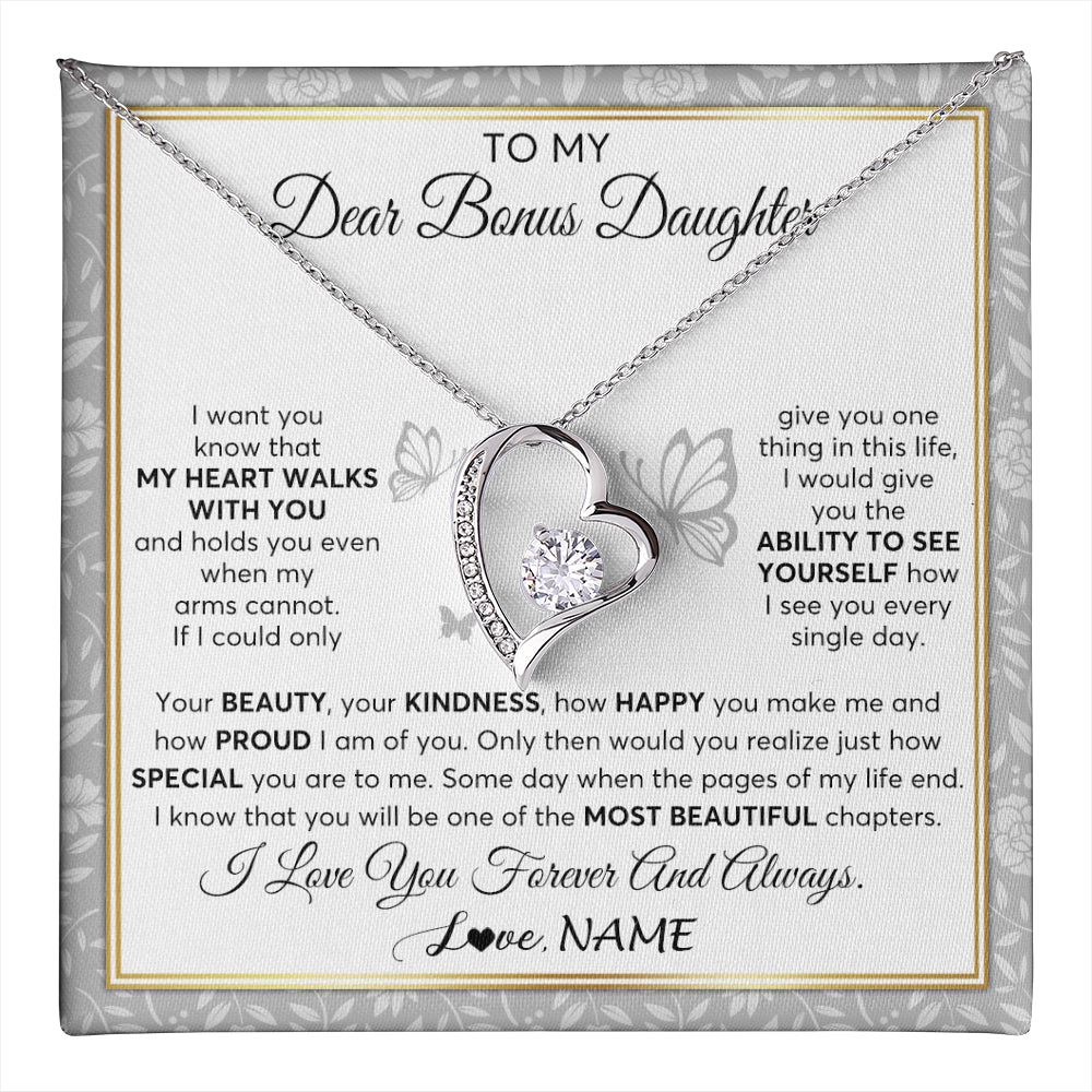 Forever Love Necklace 14K White Gold Finish | 1 | Personalized To My Bonus Daughter Necklace From Stepmom My Heart Walks With You Birthday Gifts Jewelry Graduation Christmas Customized Gift Box Message Card | teecentury