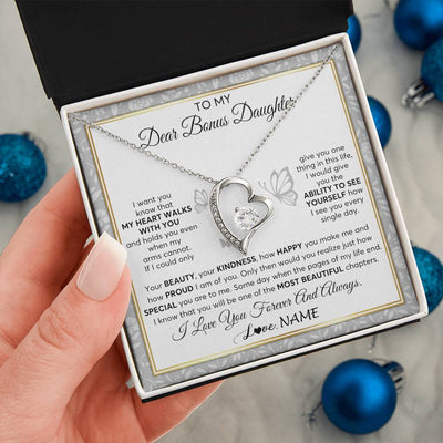 Forever Love Necklace 14K White Gold Finish | 2 | Personalized To My Bonus Daughter Necklace From Stepmom My Heart Walks With You Birthday Gifts Jewelry Graduation Christmas Customized Gift Box Message Card | teecentury