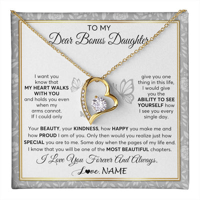 Forever Love Necklace 18K Yellow Gold Finish | 1 | Personalized To My Bonus Daughter Necklace From Stepmom My Heart Walks With You Birthday Gifts Jewelry Graduation Christmas Customized Gift Box Message Card | teecentury