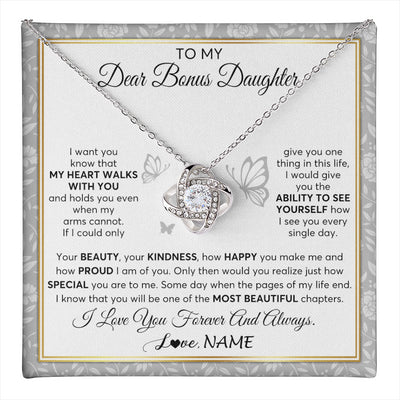 Love Knot Necklace 14K White Gold Finish | 1 | Personalized To My Bonus Daughter Necklace From Stepmom My Heart Walks With You Birthday Gifts Jewelry Graduation Christmas Customized Gift Box Message Card | teecentury