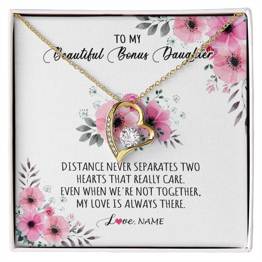 Forever Love Necklace 18K Yellow Gold Finish | Personalized To My Bonus Daughter Necklace From Stepmom My Love Is Always There Stepdaughter Birthday Graduation Christmas Customized Gift Box Message Card | teecentury
