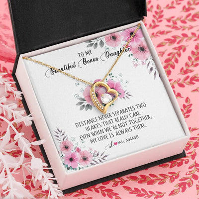 Forever Love Necklace 18K Yellow Gold Finish | Personalized To My Bonus Daughter Necklace From Stepmom My Love Is Always There Stepdaughter Birthday Graduation Christmas Customized Gift Box Message Card | teecentury